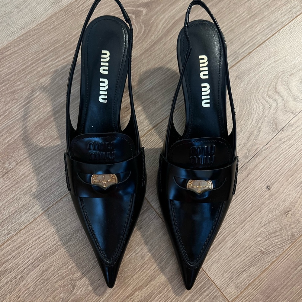 Miu Miu Black Patent Leather Penny Loafer Slingback Kitten Heel